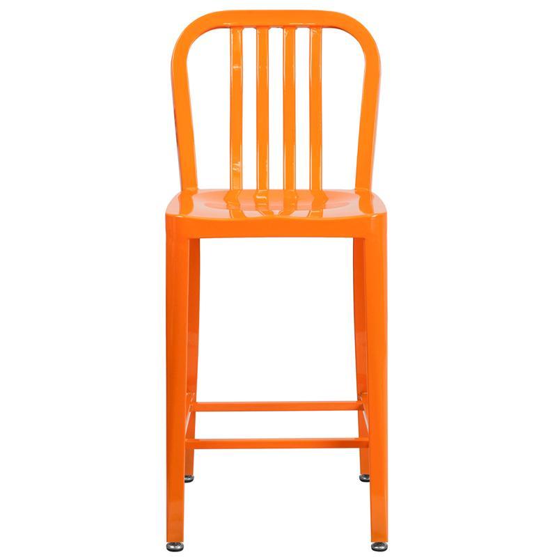 24'' High Orange Metal Indoor-Outdoor Counter Height Stool with Vertical Slat Back