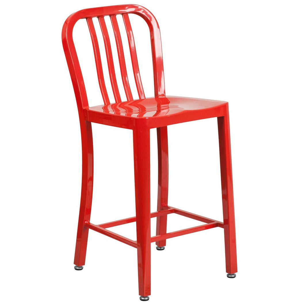 24'' High Red Metal Indoor-Outdoor Counter Height Stool with Vertical Slat Back
