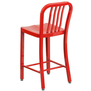 24'' High Red Metal Indoor-Outdoor Counter Height Stool with Vertical Slat Back