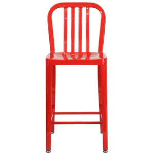 24'' High Red Metal Indoor-Outdoor Counter Height Stool with Vertical Slat Back