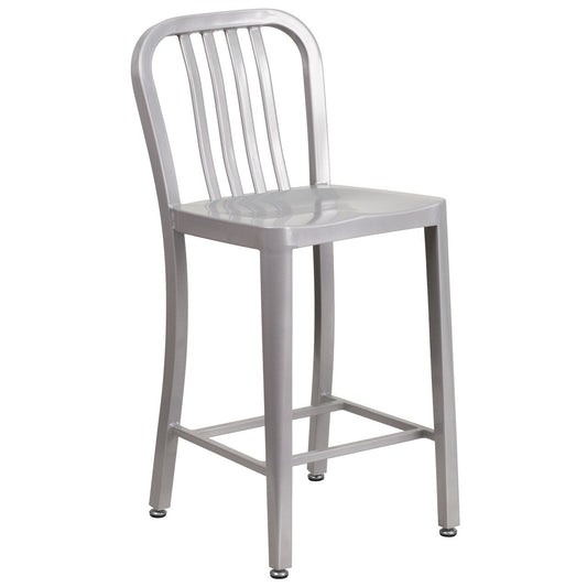 24'' High Silver Metal Indoor-Outdoor Counter Height Stool with Vertical Slat Back
