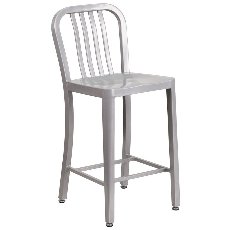 24'' High Silver Metal Indoor-Outdoor Counter Height Stool with Vertical Slat Back