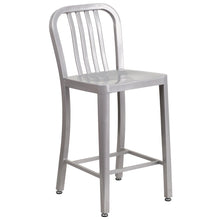 Load image into Gallery viewer, 24&#39;&#39; High Silver Metal Indoor-Outdoor Counter Height Stool with Vertical Slat Back