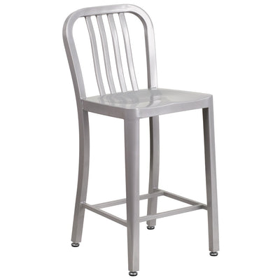 24'' High Silver Metal Indoor-Outdoor Counter Height Stool with Vertical Slat Back