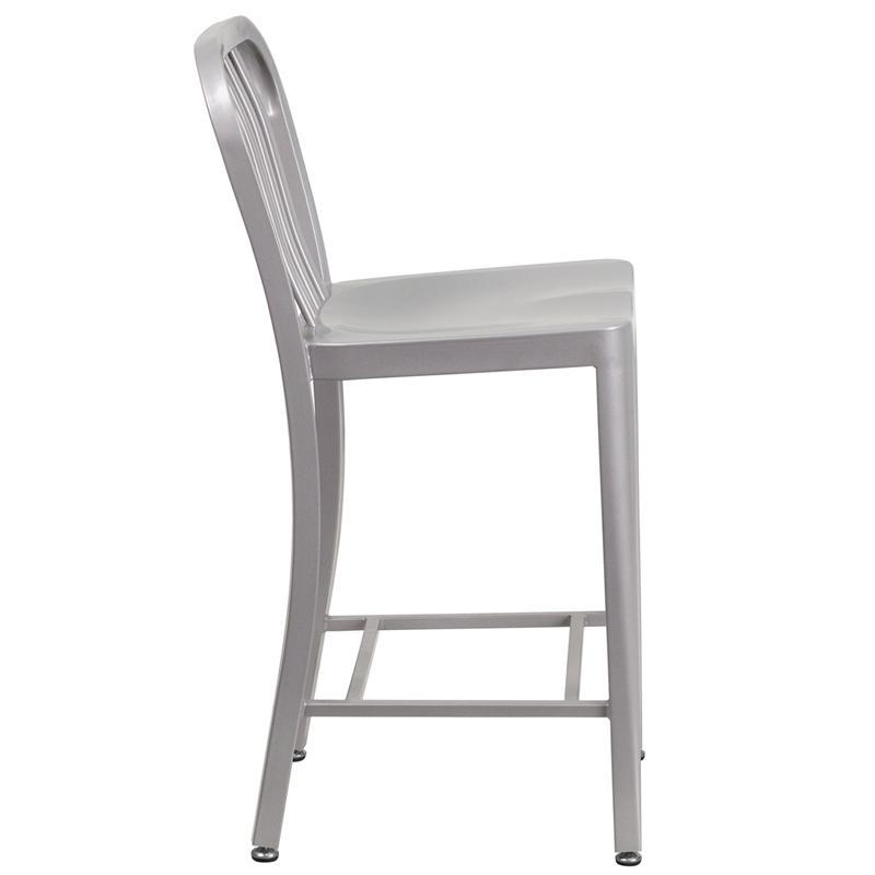 24'' High Silver Metal Indoor-Outdoor Counter Height Stool with Vertical Slat Back
