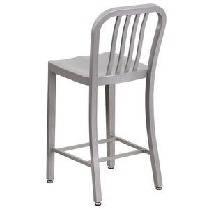 24'' High Silver Metal Indoor-Outdoor Counter Height Stool with Vertical Slat Back