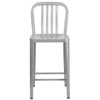 24'' High Silver Metal Indoor-Outdoor Counter Height Stool with Vertical Slat Back