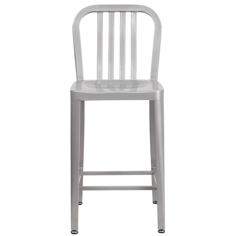 24'' High Silver Metal Indoor-Outdoor Counter Height Stool with Vertical Slat Back