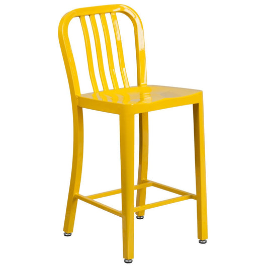 24'' High Yellow Metal Indoor-Outdoor Counter Height Stool with Vertical Slat Back