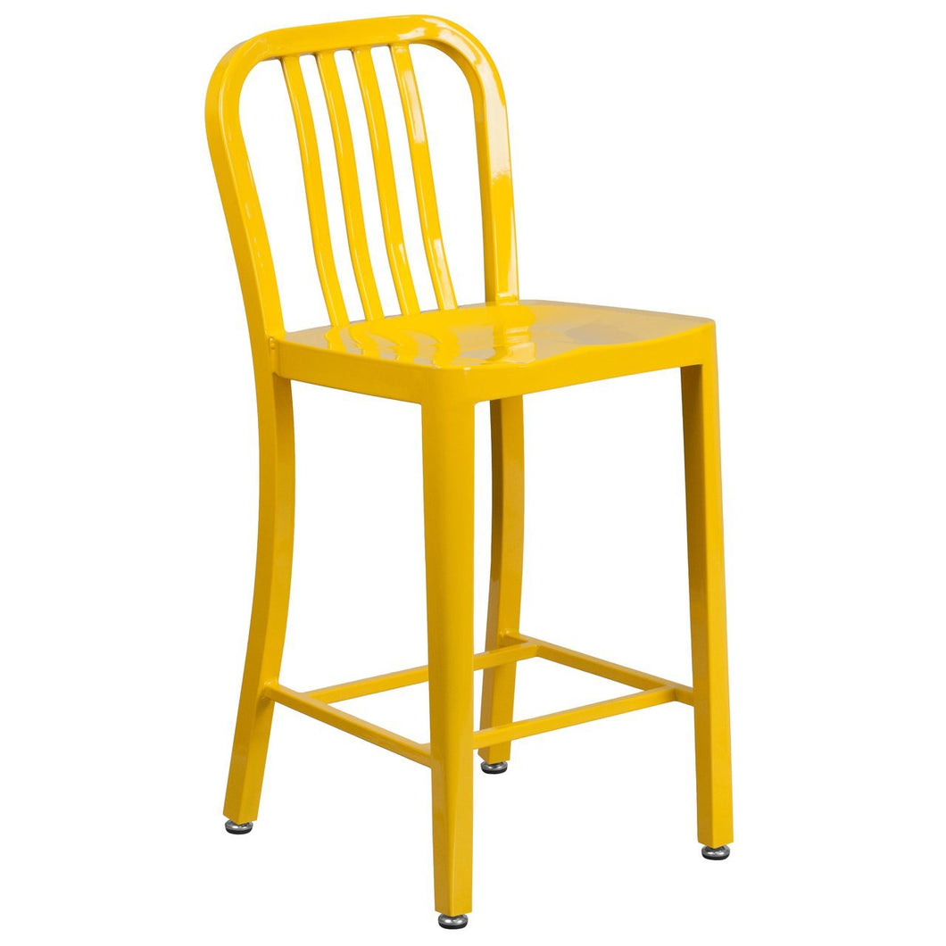 24'' High Yellow Metal Indoor-Outdoor Counter Height Stool with Vertical Slat Back