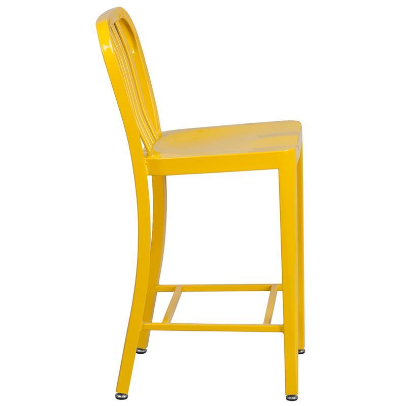 24'' High Yellow Metal Indoor-Outdoor Counter Height Stool with Vertical Slat Back