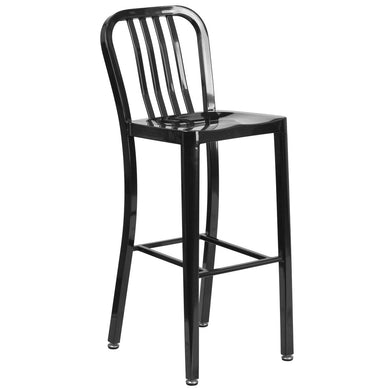 30'' High Black Metal Indoor-Outdoor Barstool with Vertical Slat Back