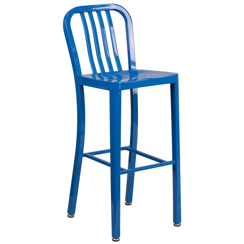 30'' High Blue Metal Indoor-Outdoor Barstool with Vertical Slat Back