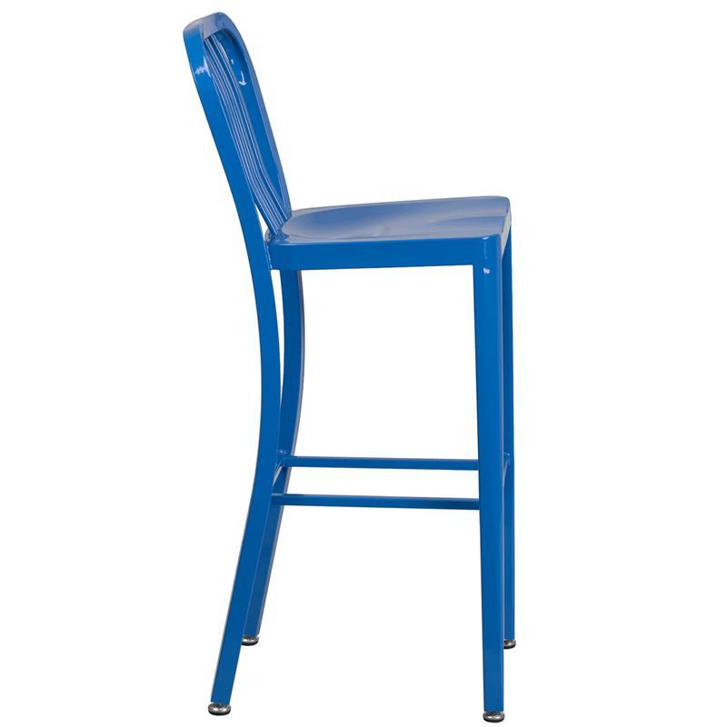 30'' High Blue Metal Indoor-Outdoor Barstool with Vertical Slat Back