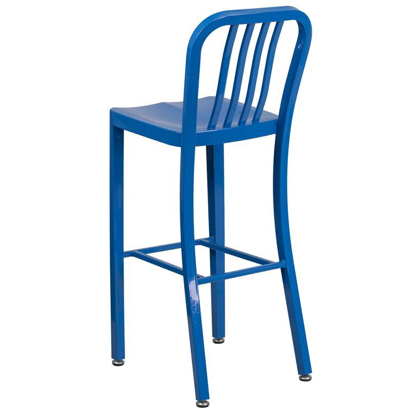 30'' High Blue Metal Indoor-Outdoor Barstool with Vertical Slat Back