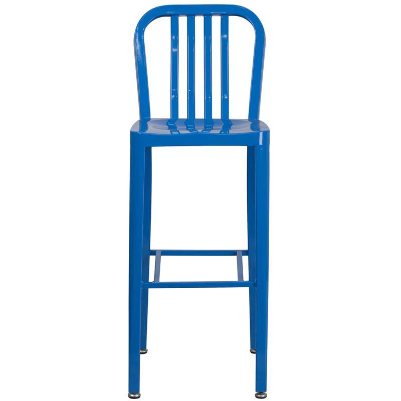 30'' High Blue Metal Indoor-Outdoor Barstool with Vertical Slat Back