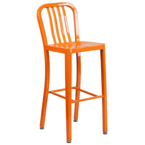 30'' High Orange Metal Indoor-Outdoor Barstool with Vertical Slat Back