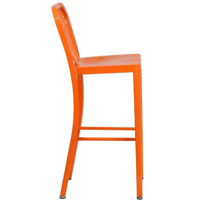 30'' High Orange Metal Indoor-Outdoor Barstool with Vertical Slat Back
