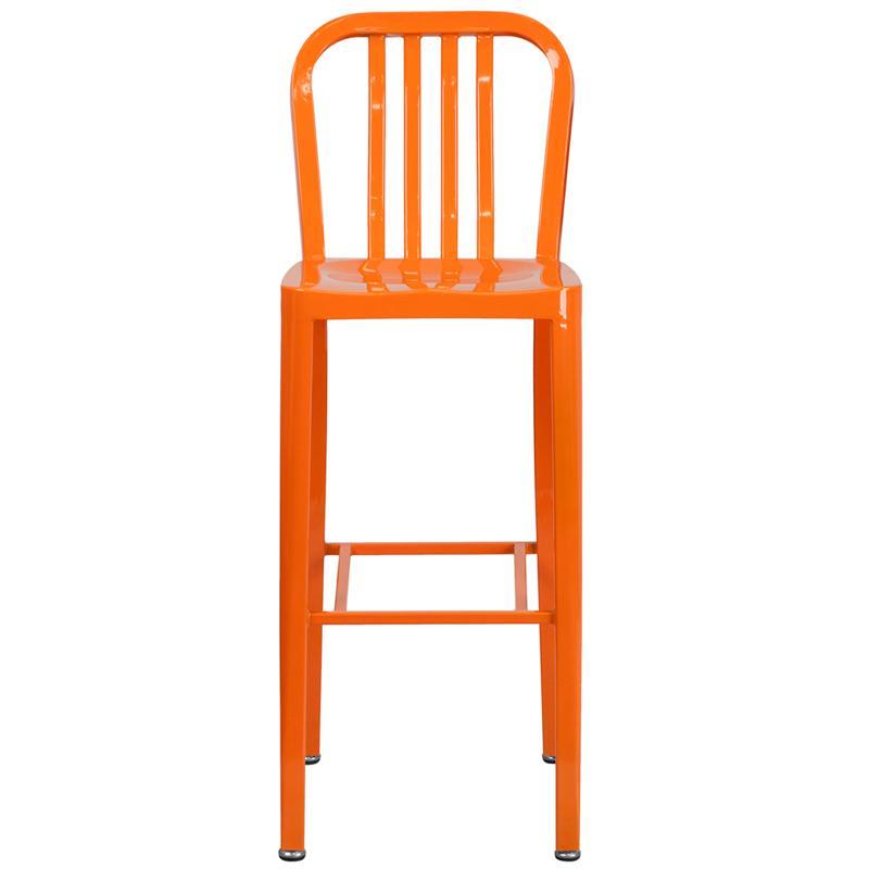 30'' High Orange Metal Indoor-Outdoor Barstool with Vertical Slat Back