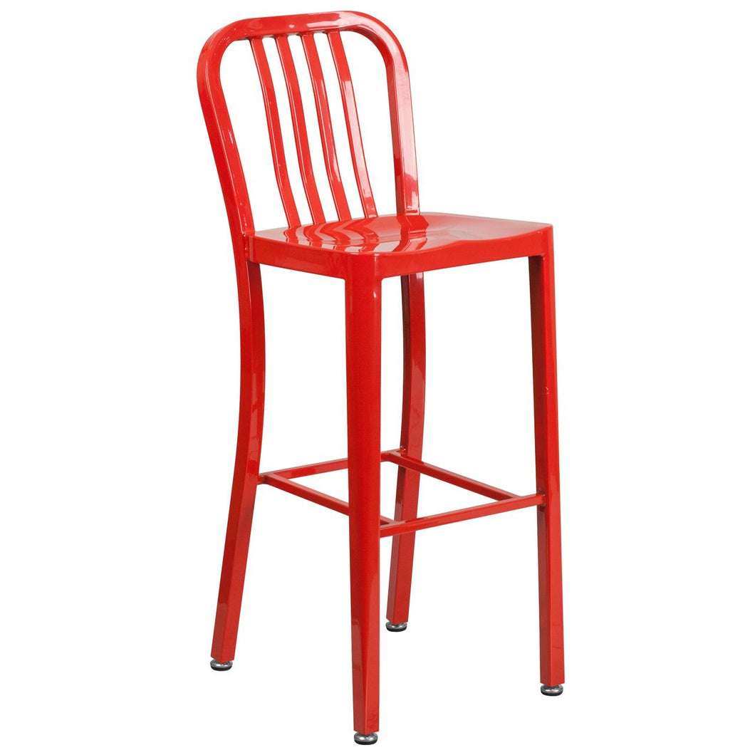 30'' High Red Metal Indoor-Outdoor Barstool with Vertical Slat Back