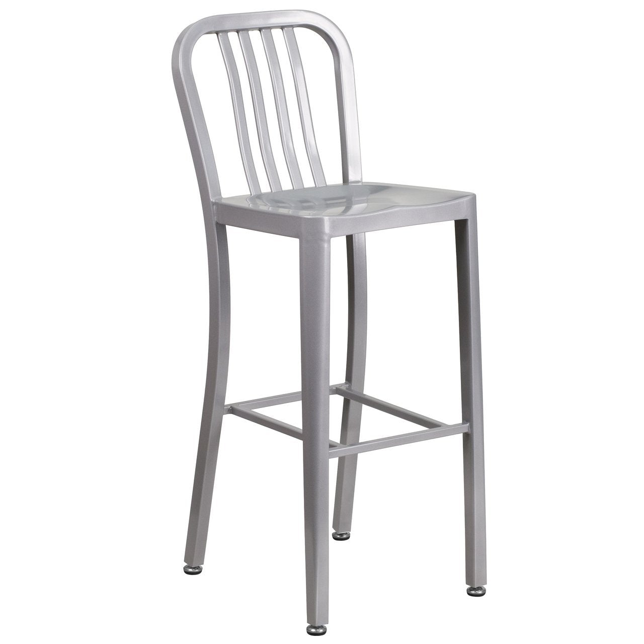 30'' High Silver Metal Indoor-Outdoor Barstool with Vertical Slat Back