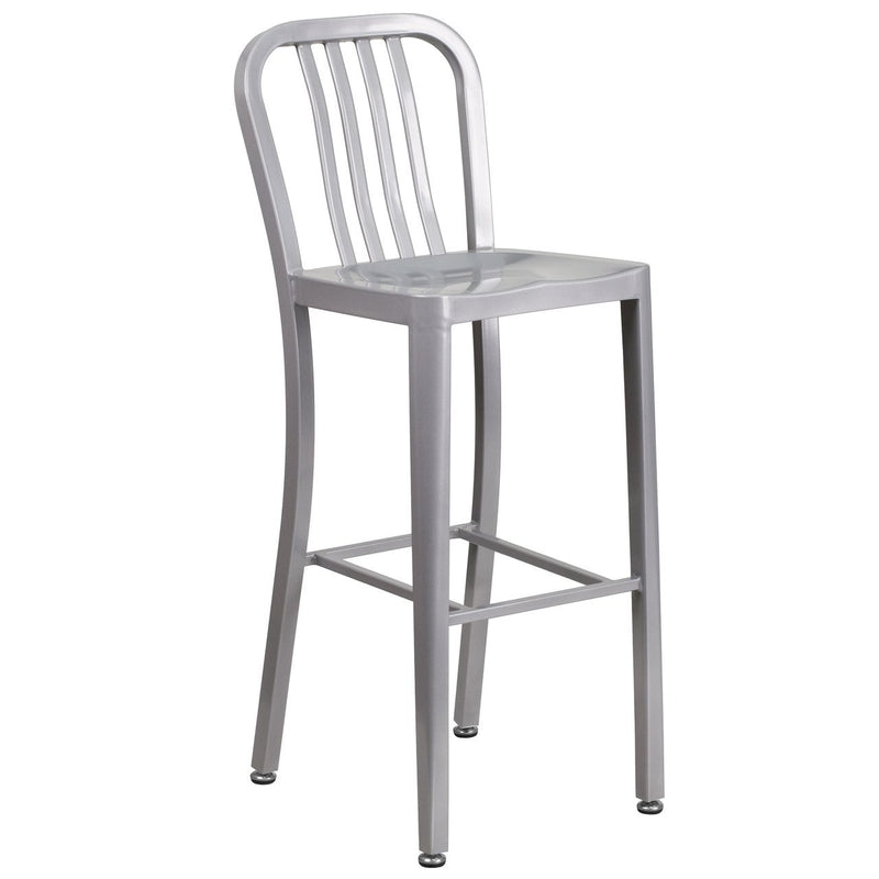 30'' High Silver Metal Indoor-Outdoor Barstool with Vertical Slat Back