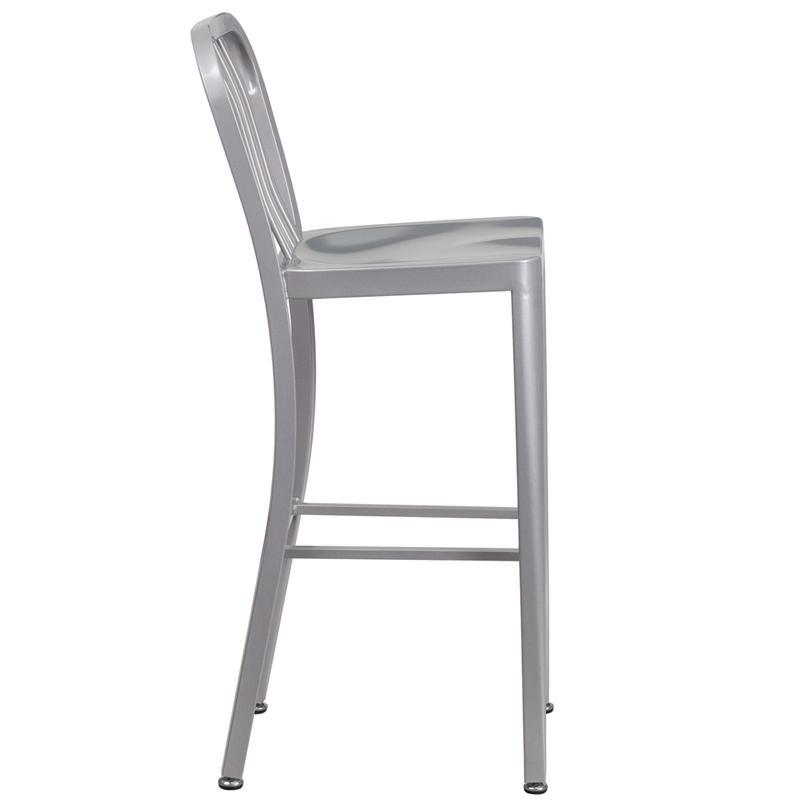 Silver Metal Indoor-Outdoor Barstool with Vertical Slat Back 7