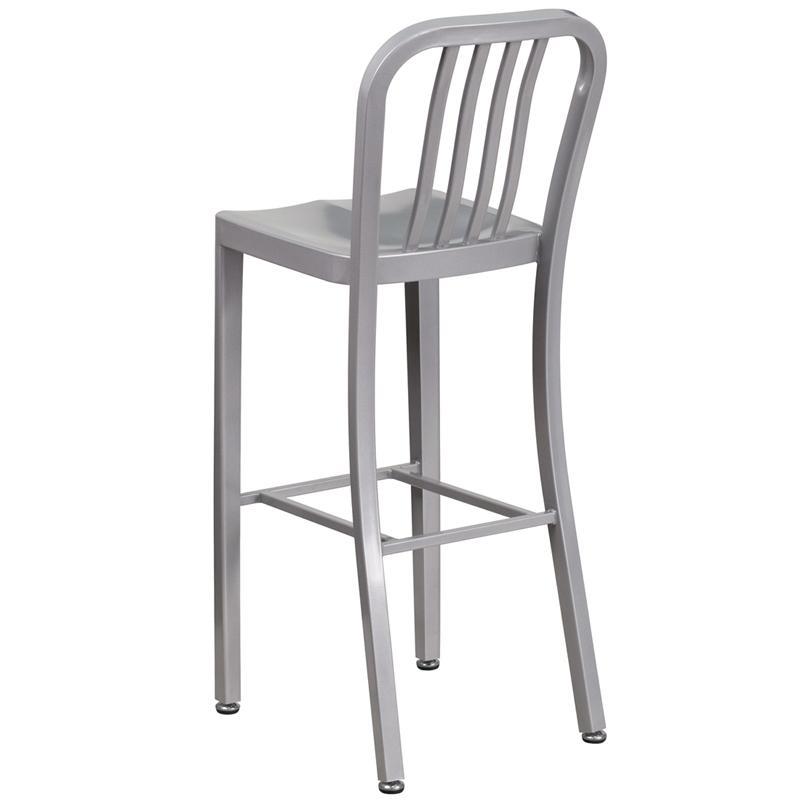 High Silver Metal Indoor-Outdoor Barstool with Vertical Slat Back