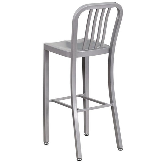 High Silver Metal Indoor-Outdoor Barstool with Vertical Slat Back