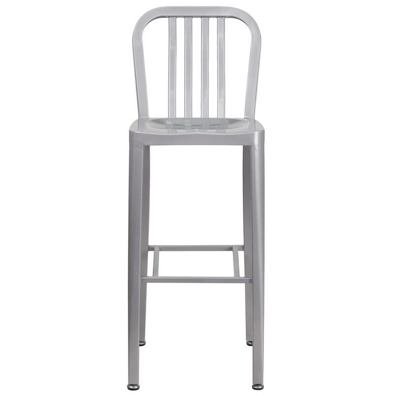 Silver Metal Indoor-Outdoor Barstool with Vertical Slat Back 6