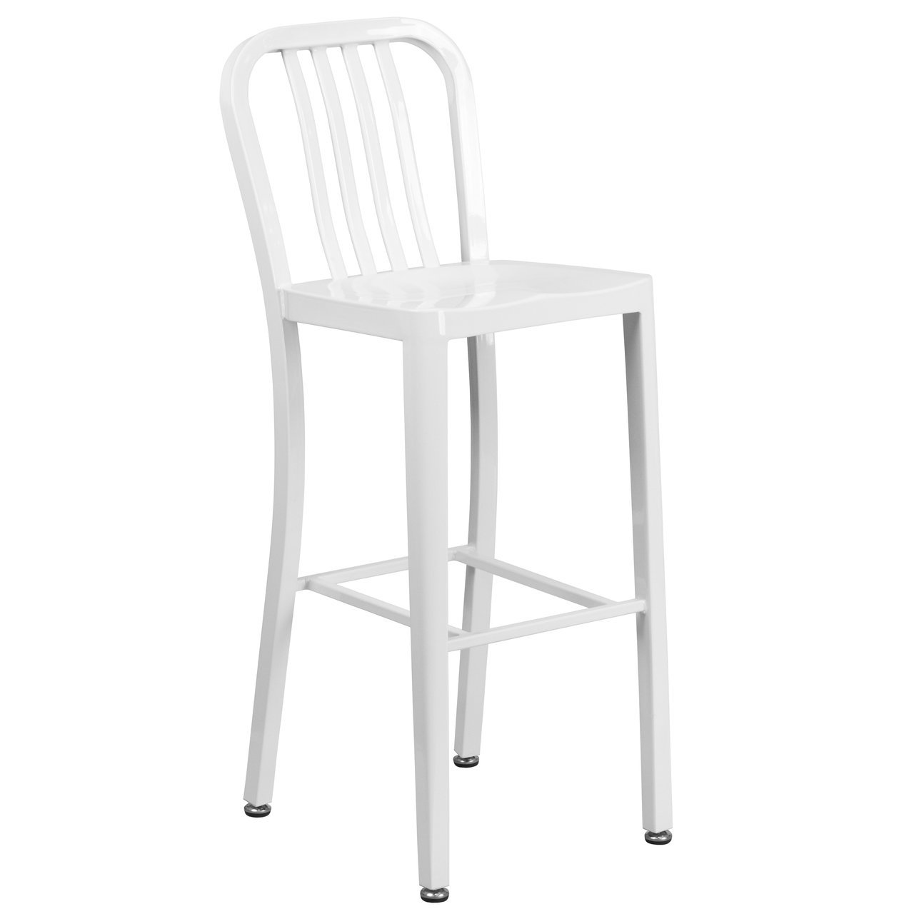 30'' High White Metal Indoor-Outdoor Barstool with Vertical Slat Back