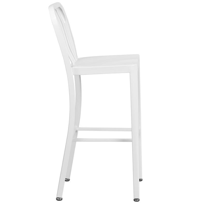 30'' High White Metal Indoor-Outdoor Barstool with Vertical Slat Back