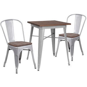 23.5" Square Silver Metal Table Set with Wood Top and 2 Stack Chairs