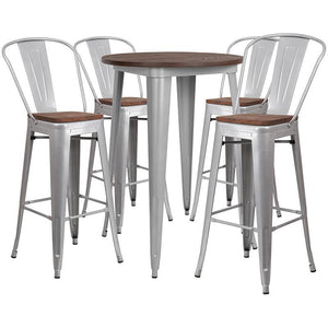30" Round Silver Metal Bar Table Set with Wood Top and 4 Stools