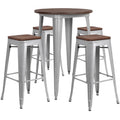 30" Round Silver Metal Bar Table Set with Wood Top and 4 Backless Stools