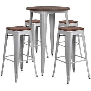 30" Round Silver Metal Bar Table Set with Wood Top and 4 Backless Stools