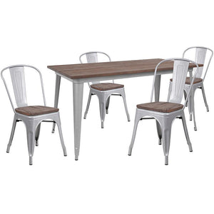 30.25" x 60" Silver Metal Table Set with Wood Top and 4 Stack Chairs