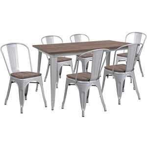 30.25" x 60" Silver Metal Table Set with Wood Top and 6 Stack Chairs