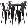 31.5" Square Black Metal Bar Table Set with Wood Top and 4 Stools