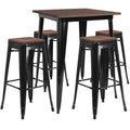 31.5" Square Black Metal Bar Table Set with Wood Top and 4 Backless Stools