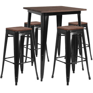 31.5" Square Black Metal Bar Table Set with Wood Top and 4 Backless Stools
