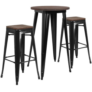 24" Round Black Metal Bar Table Set with Wood Top and 2 Backless Stools