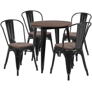 26" Round Black Metal Table Set with Wood Top and 4 Stack Chairs