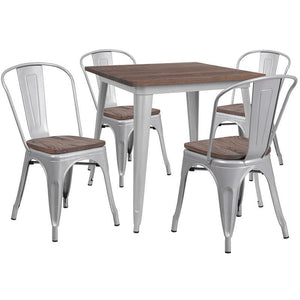 31.5" Square Silver Metal Table Set with Wood Top and 4 Stack Chairs