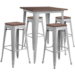 31.5" Square Silver Metal Bar Table Set with Wood Top and 4 Backless Stools