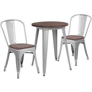 24" Round Silver Metal Table Set with Wood Top and 2 Stack Chairs