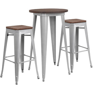 24" Round Silver Metal Bar Table Set with Wood Top and 2 Backless Stools