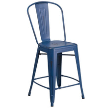 Load image into Gallery viewer, 24&#39;&#39; High Distressed Antique Blue Metal Indoor-Outdoor Counter Height Stool with Back