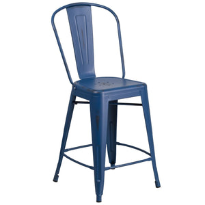 24'' High Distressed Antique Blue Metal Indoor-Outdoor Counter Height Stool with Back