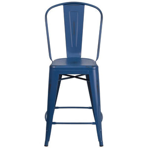 24'' High Distressed Antique Blue Metal Indoor-Outdoor Counter Height Stool with Back